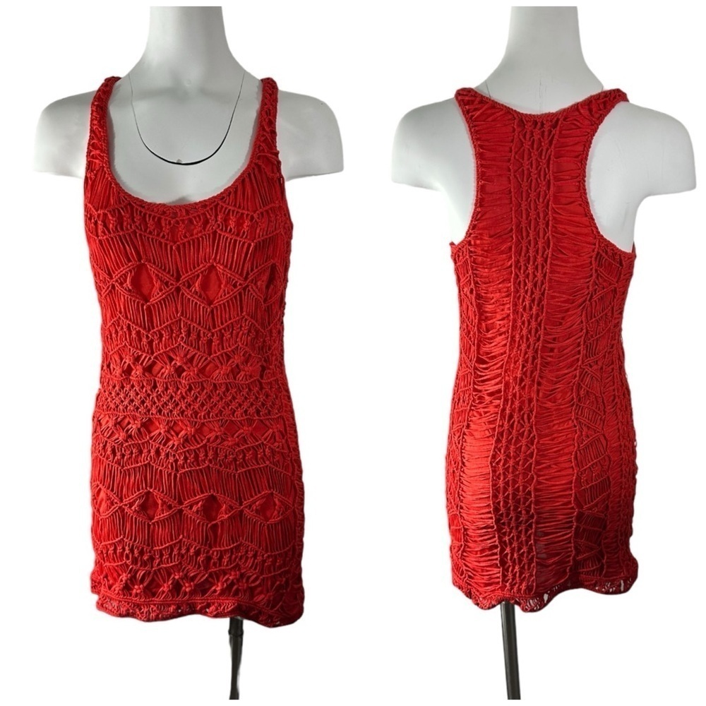 Diana Von Furstenburg Crochet Macrame Red Gold Metallic Chios Dress
